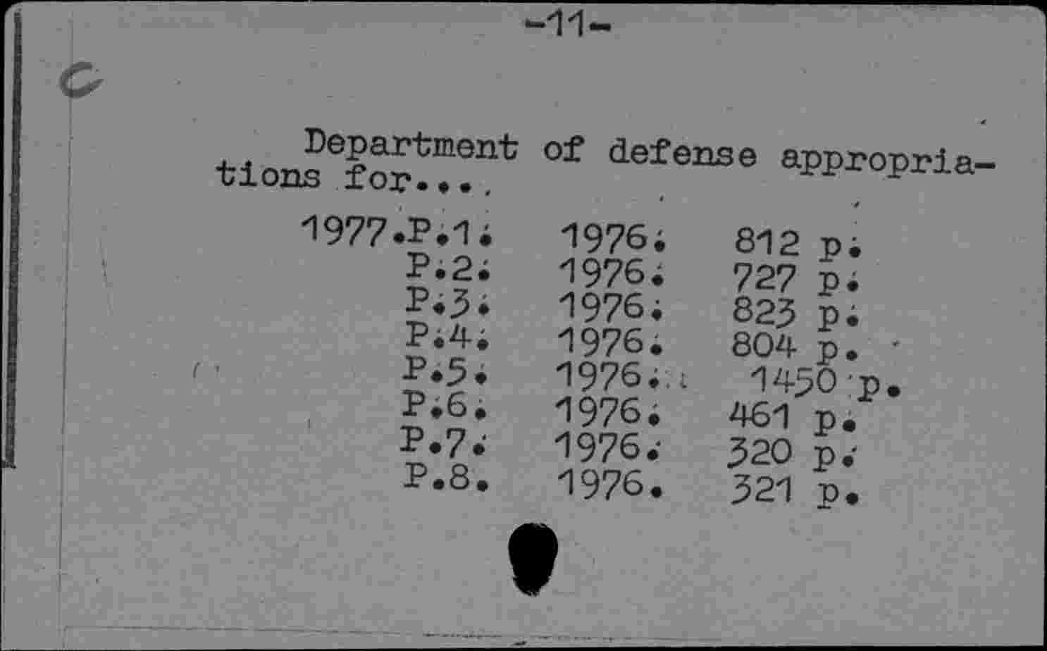 ﻿Department tions for.*.. 1977.P.1; P.2; P.3. P.4; P.5. P.6. P.7. P.8.	of defense appropria 1976;	812	p; 1976;	727	p. 1976;	823	p. 1976.	804	p.	• 1976;. 1	1430 p. 1976;	461	p. 1976.-	320	p.- 1976.	321	p.